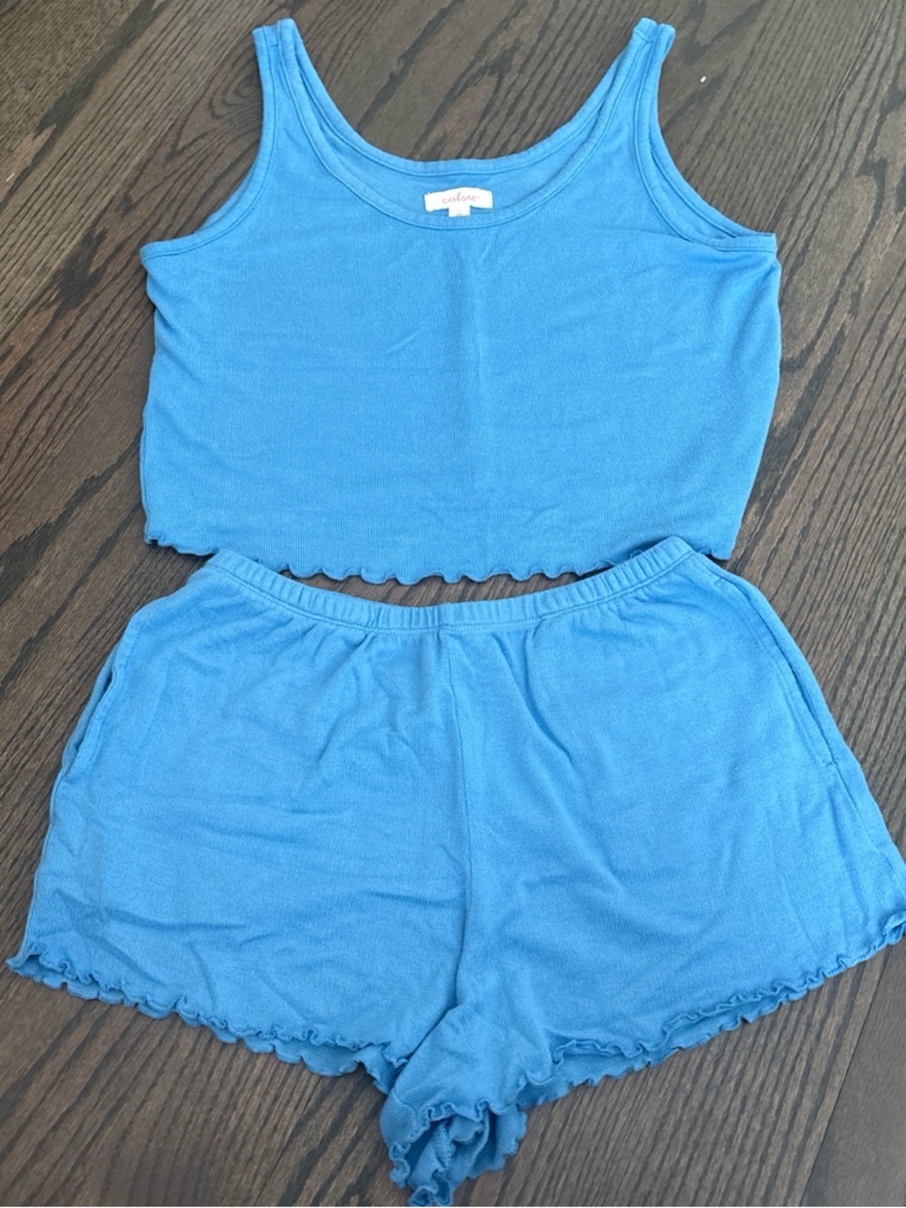 Colsie Bright Blue Ribbed Crop Tank and Elastic Waist Shorts Pajama Set